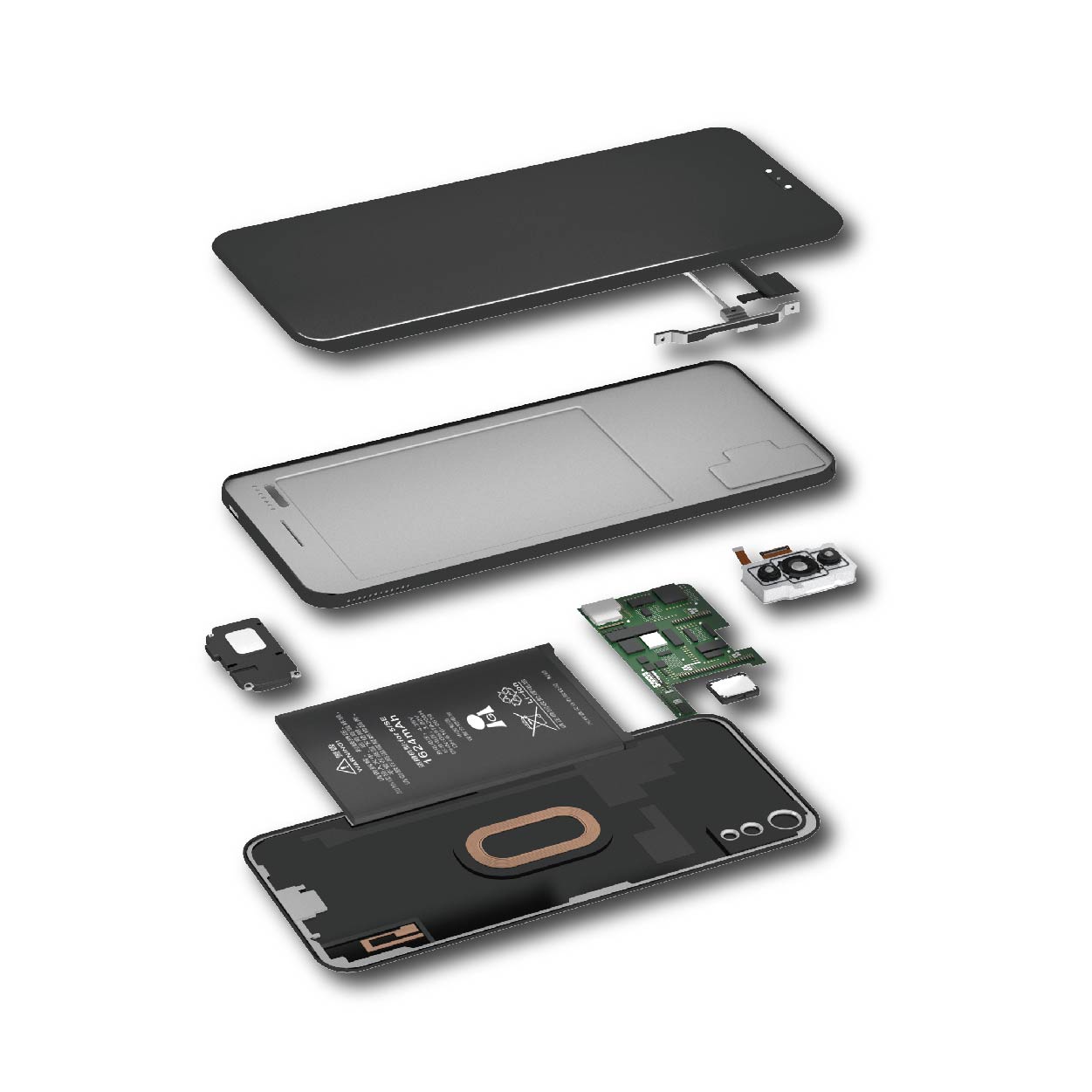 Exploded smartphone assembly